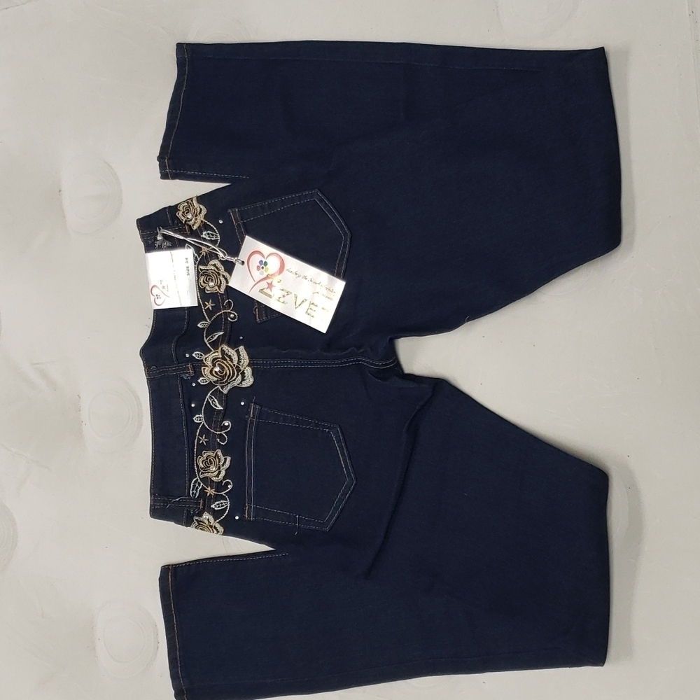 7/8 Womens Floral Dark Denim Straight Leg Jeans